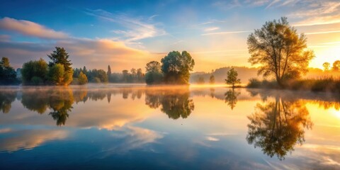 Obraz premium Serene lake scene at sunrise with mist rising from water surface and surrounding trees reflected in lake's calm surface