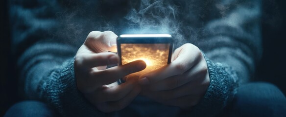 Close-up of hands holding a glowing smartphone that emits warm light and rising smoke, wearing a wool sweater in a dark moody setting, conveying wonder and mystery