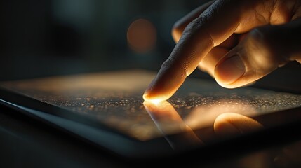 Close-Up of a Finger Touching a Glowing Touchscreen Tablet with Abstract Light Reflections