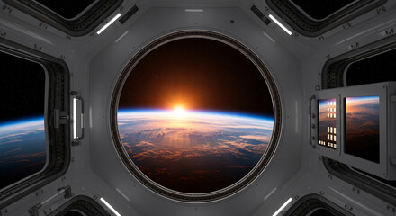 View of Earth sunrise through a spacecraft window, symbolizing space exploration, human curiosity, advanced technology, discovery, and the beauty of our planet.