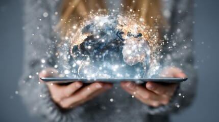 Digital Globe Representation in Hands with Sparking Light Effects and Modern Technology Concept