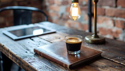 Close up of espresso coffee and leather notebook on rustic wooden desk in industrial office