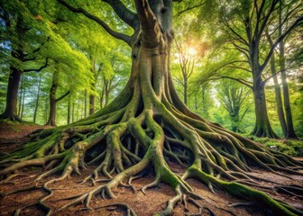 Ancient tree with gnarled branches and roots exposed in the forest floor
