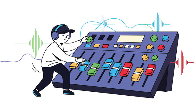 Young Sound Engineer Adjusting Audio Mixer Board with Equalizer Waves Music Production Concept