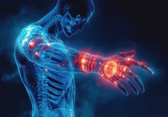 translucent blue human figure with visible skeleton, spine and ribs reaching forward; arm and hand illuminated with glowing red-orange inflammation, pulsing wrist ring and intense pain