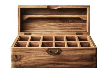 Wooden jewelry storage box with compartments and brass handle on transparent background