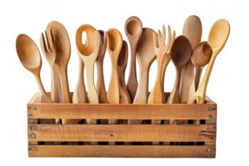 Wooden kitchen utensils collection in a crate box on transparent background