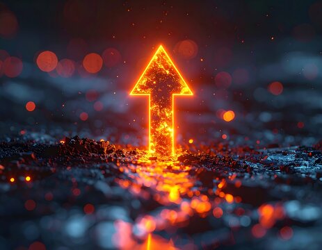 Illuminated fiery arrow pointing upwards against a bokeh backdrop - Powered by Adobe
