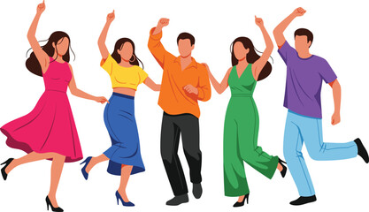 Fototapeta premium Group of diverse people dancing joyfully in colorful clothing, festive party celebration vector illustration with unity and happiness theme 