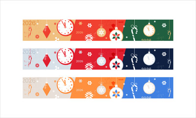 New Year's banner with Christmas tree toys and snowflakes in three color options