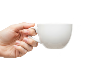 A hand holding a white ceramic coffee cup on transparent background