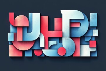 layered 3d geometric composition of rounded blocks, rectangles and circles with textured blue and coral gradients on a dark background, bold playful energy