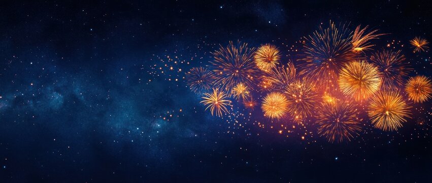 golden fireworks exploding against a deep blue starry sky with a faint milky way, creating a festive, awe-inspiring nighttime celebration - Powered by Adobe
