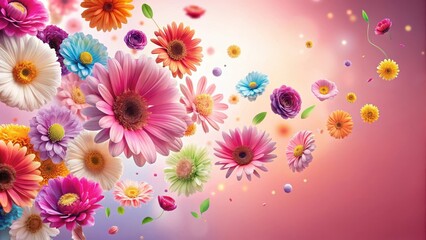 Vibrant colorful flowers dancing in mid-air against a soft pink gradient background with gentle summer breeze