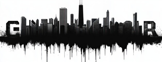 monochrome urban skyline silhouette with mirrored dripping paint reflection and bold block letters at edges, gritty dramatic contrast and moody city atmosphere