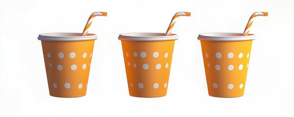 Three orange polka dot paper cups with white and orange striped bendy straws on a clean white background, playful and cheerful party vibe
