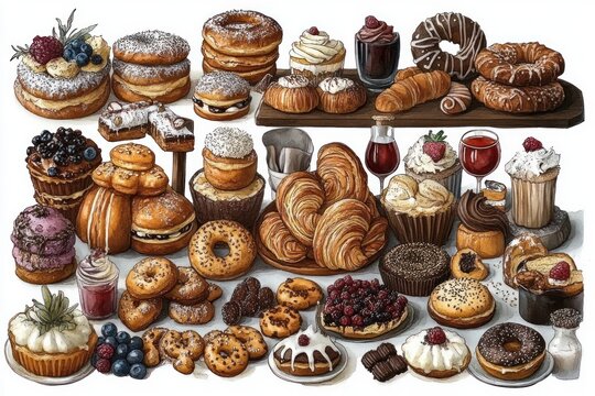 Abundant assortment of pastries and desserts, croissants, donuts, tarts, cupcakes, eclairs, buns and berries on trays and plates, an inviting decadent and cozy spread - Powered by Adobe