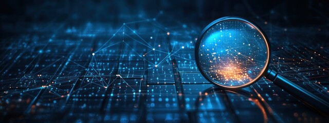 magnifying glass over a glowing digital network and data nodes on a keyboard or circuit board in blue and orange hues, evoking discovery and focused investigation