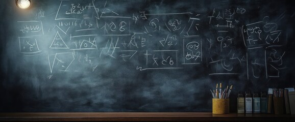 Dimly lit chalkboard filled with chalk equations, geometric diagrams and scribbles above a wooden ledge holding a cup of pencils, jars and books, evoking thoughtful study
