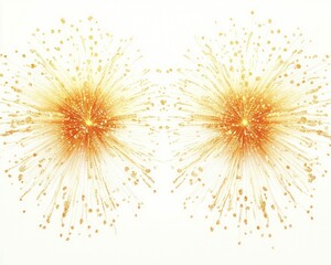 two golden starbursts with radiating light rays and sparkling dots on white background, festive and radiant