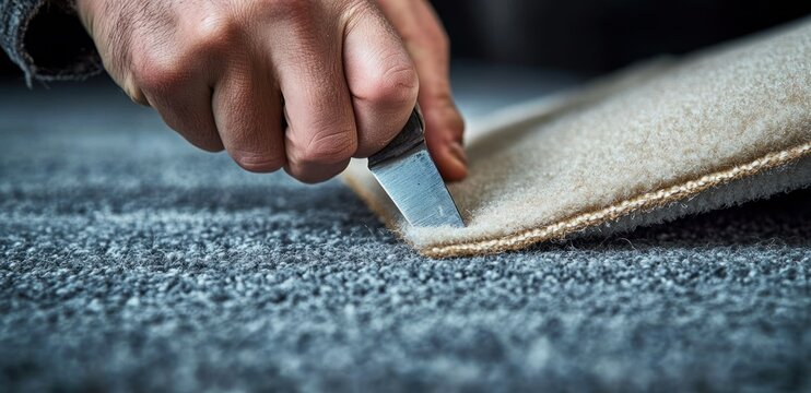 Hand carefully cutting the edge of a beige carpet with a sharp knife on a textured blue floor, focused precision and deliberate craftsmanship