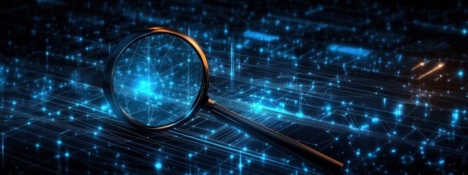 Magnifying glass over glowing blue digital network of interconnected nodes and circuitry, evoking curiosity, scrutiny, and discovery - Powered by Adobe