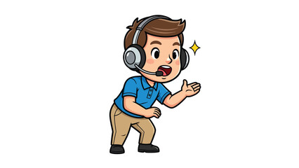 Fototapeta premium Cute Cartoon Boy Wearing Headset with Microphone Thumbs Up Gesture Sparkling Star Accent Customer Service Support Communication Call Center Online Learning Concept