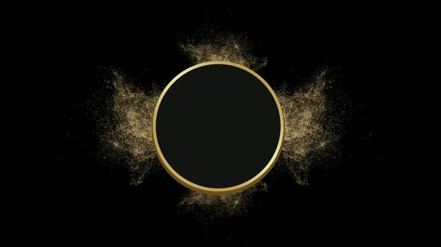 Elegant black circle frame with golden particles exploding outwards on a dark background for luxury branding