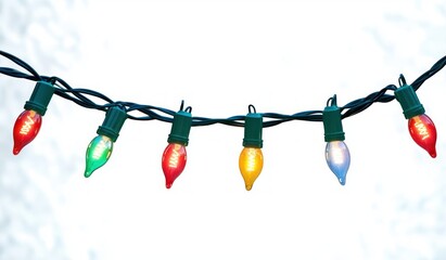 String of glowing multicolored teardrop bulbs on twisted green wire against a soft white background, cheerful festive holiday atmosphere