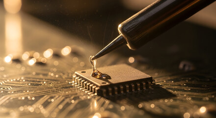 Cnc Microchip Under Soldering Iron on Circuit Board