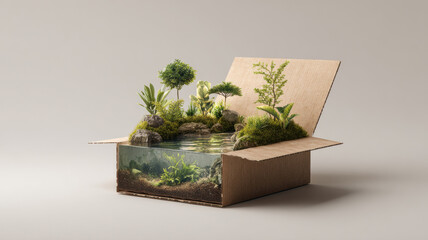 Miniature ecosystem inside a cardboard box, showcasing a tiny natural world with water, plants and small trees. 