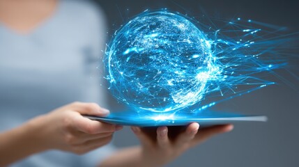 Futuristic Concept of Digital Planet Surrounded by Glowing Sparks Emerging from a Tablet Device in a Modern Setting