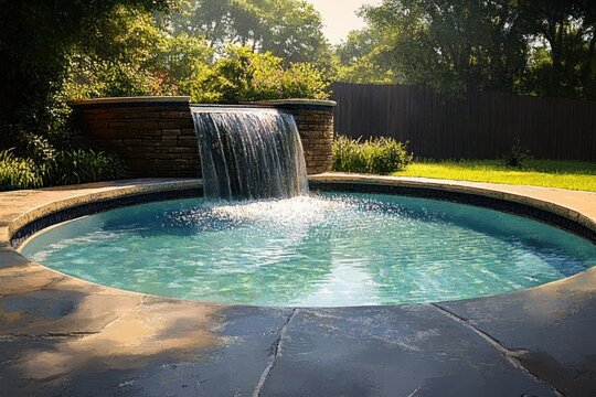 round backyard pool with cascading stone waterfall, sunlit lawn, fence and trees conveying a tranquil relaxing atmosphere