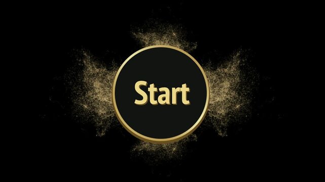Elegant golden start button graphic with sparkling particles on a deep black background for gaming