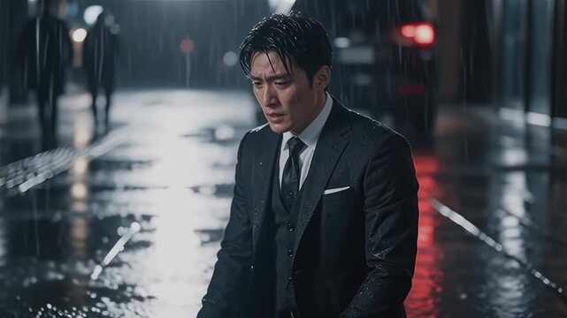 Distraught Businessman Sitting in Rain on Wet City Street at Night