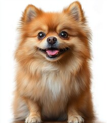 Obraz premium fluffy orange long-haired cat sitting with white chest and paws on white background, calm and content