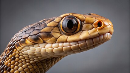 Obraz premium Venomous snake head with vertical pupils on a plain gray background