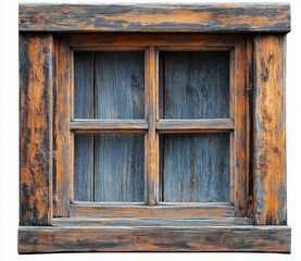 Weathered wooden window with four panes, blue-gray boarded panes and orange-brown worn frame, rustic nostalgic farmhouse charm