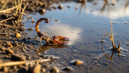 Scorpion in a puddle of water with reflections and dry grass.