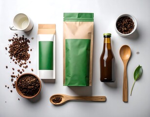Elevated flat lay showcasing coffee beans, grounds, and eco-friendly customizable packaging, presenting a sustainable branding concept for premium artisanal roasted coffee products