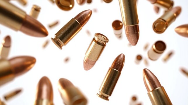 Close-up of numerous brass and copper handgun bullets suspended and falling in midair, dramatic tense atmosphere conveying danger and motion