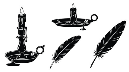 Vintage candles feather and writing tools in a dramatic black silhouette © Taylor