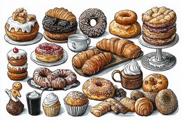 Assortment of golden croissants, donuts, muffins, cupcakes, cookies, layered cakes and a steaming cup topped with whipped cream, inviting cozy bakery spread