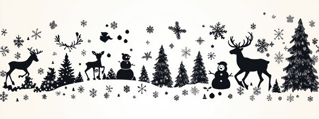 cheerful monochrome winter panorama with deer and fawn, smiling snowmen, dense pine trees and falling snowflakes on a snowy hillside