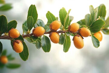 close-up of dewy orange berries on a leafy branch with soft sunlight, evoking a fresh serene morning mood