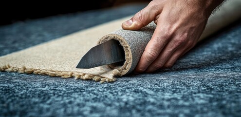 Close-up of hands carefully cutting a rolled beige rug with a sharp utility knife on a textured gray carpet, focused precise craftsmanship and concentration