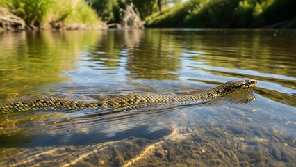 Snake Swimming in Clear Shallow River Water Surrounded by Greenery.