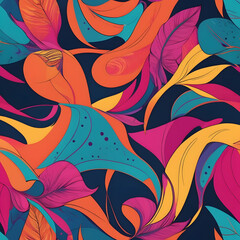 Abstract seamless pattern with hand drawn graphic leaves. Colourful floral summer background  for wallpaper design. Tropical vector illustration design. Banner with decorative geometric waves