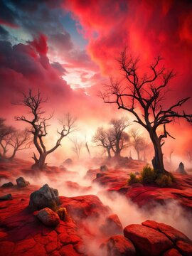 Dramatic smoke and fog in a contrasting vivid red landscape with twisted trees and barren rocks