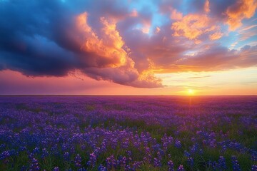 Endless field of purple wildflowers under a dramatic orange and blue sunset sky with the glowing sun on the horizon, evoking calm and awe